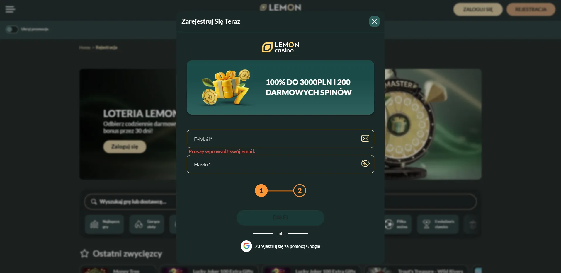 Lemon Casino rejestracja konta krok po kroku